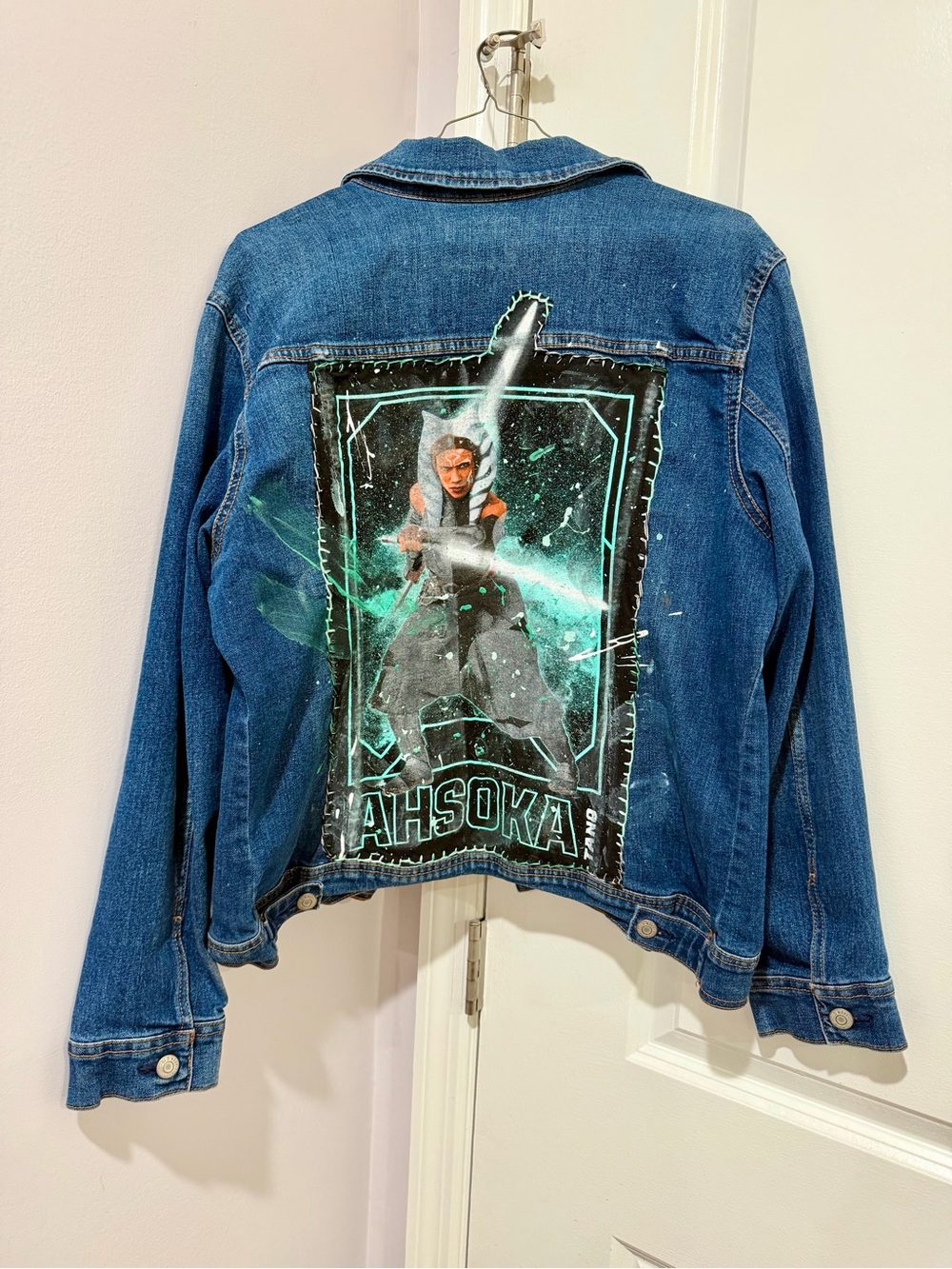 Embroidered Blue Denim Jean Jacket with Star Wars Ahsoka Graphic